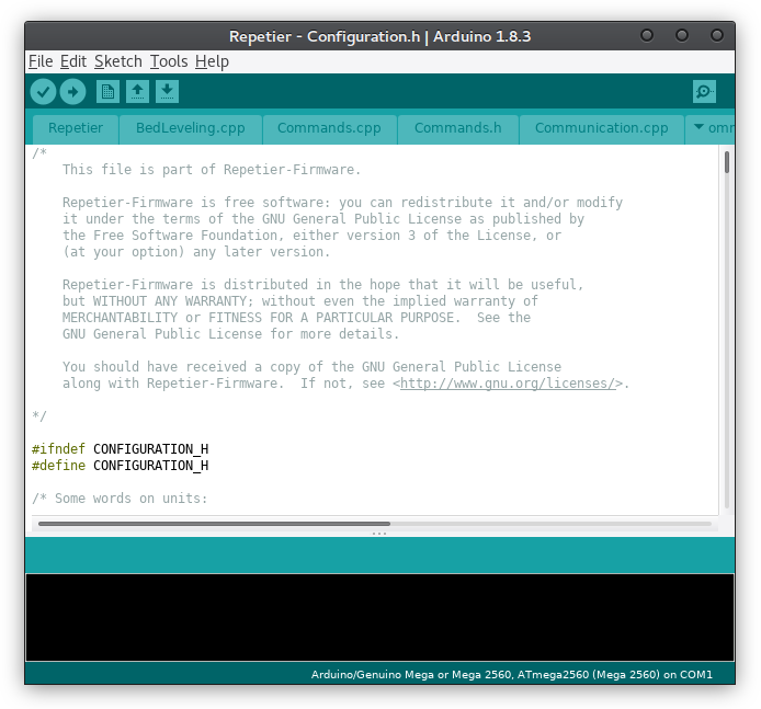Arduino IDE showing Repetier firmware Configuration.h file